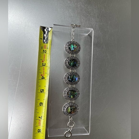 Blue Abalone Inlay Silver Tone Bracelet Oval Gem Toggle Bracelet - Picture 4 of 4
